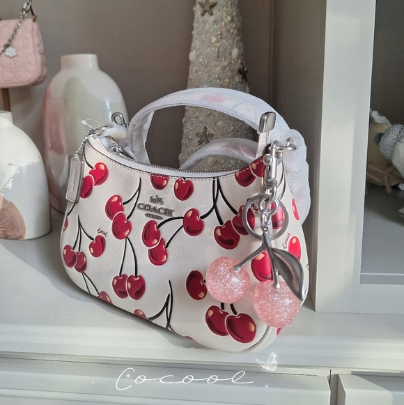 Coach Teri Shoulder Bag In Signature Canvas With Cherry Print Pink Cherry Charm - Picture 6 of 15